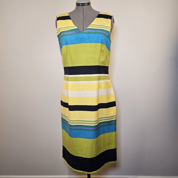Custom handmade yellow green navy stripes linen sleeveless midi dress size 12 US - Picture 2 of 5